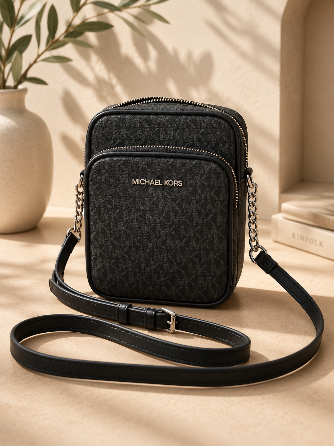 Michael Kors Jet Set Monogram Crossbody Bag - Luxury Black Canvas Flight Pouch