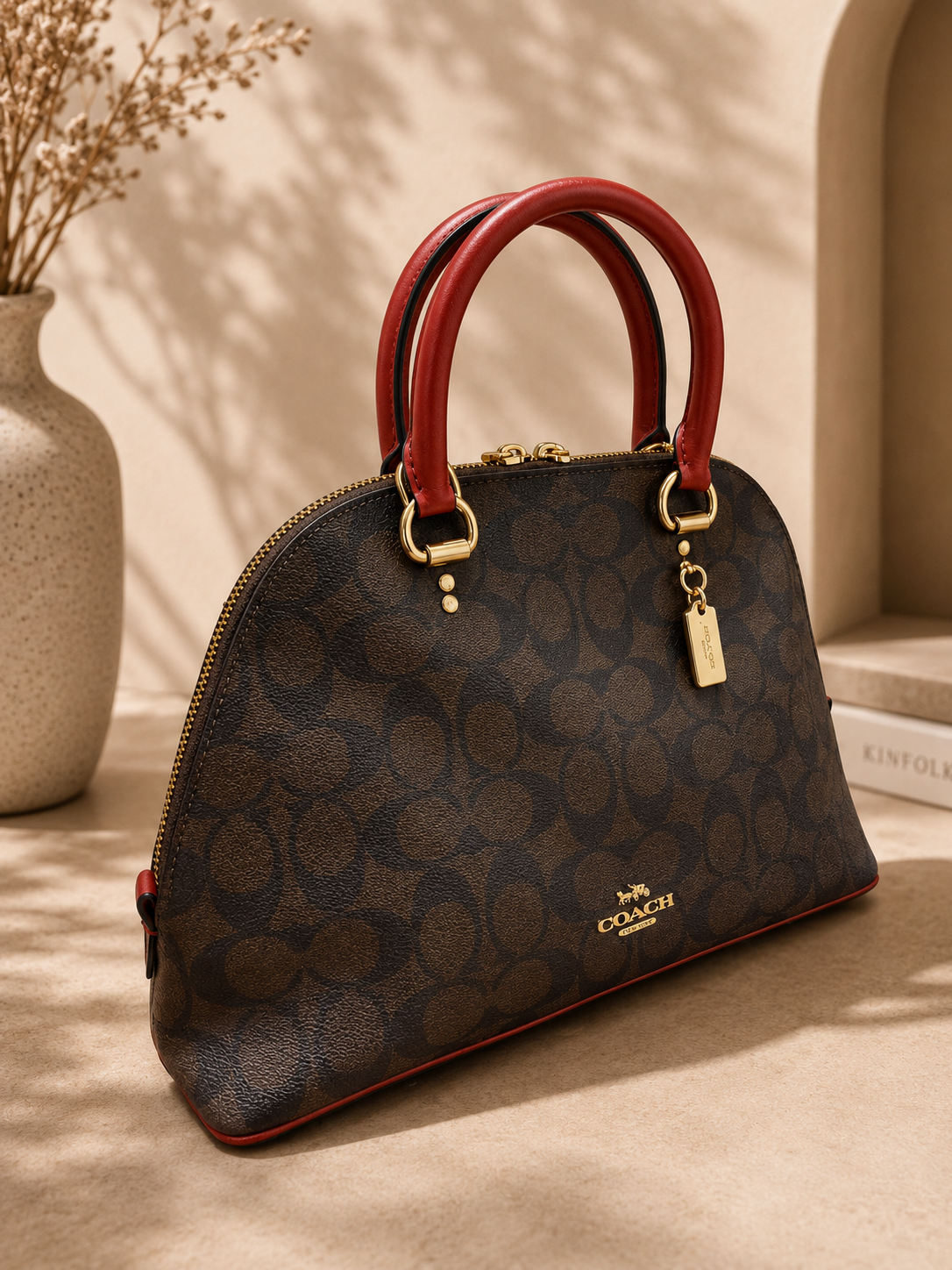 Coach Signature Canvas Sydney Satchel - Luxury Brown Monogram Dome Bag with Red Handles