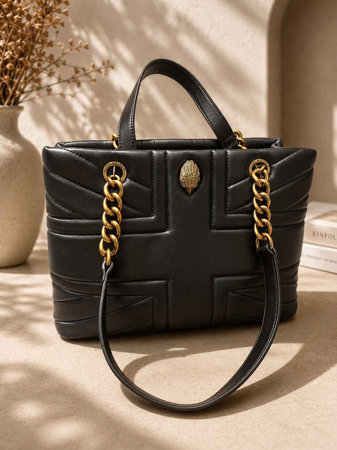 Kurt Geiger Black Quilted Leather Tote Bag with Eagle Head Hardware