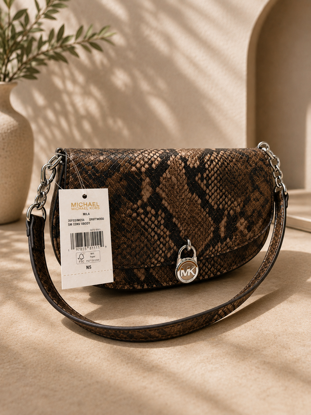 Michael Kors Mila Python-Embossed Crossbody Bag with Padlock Hardware