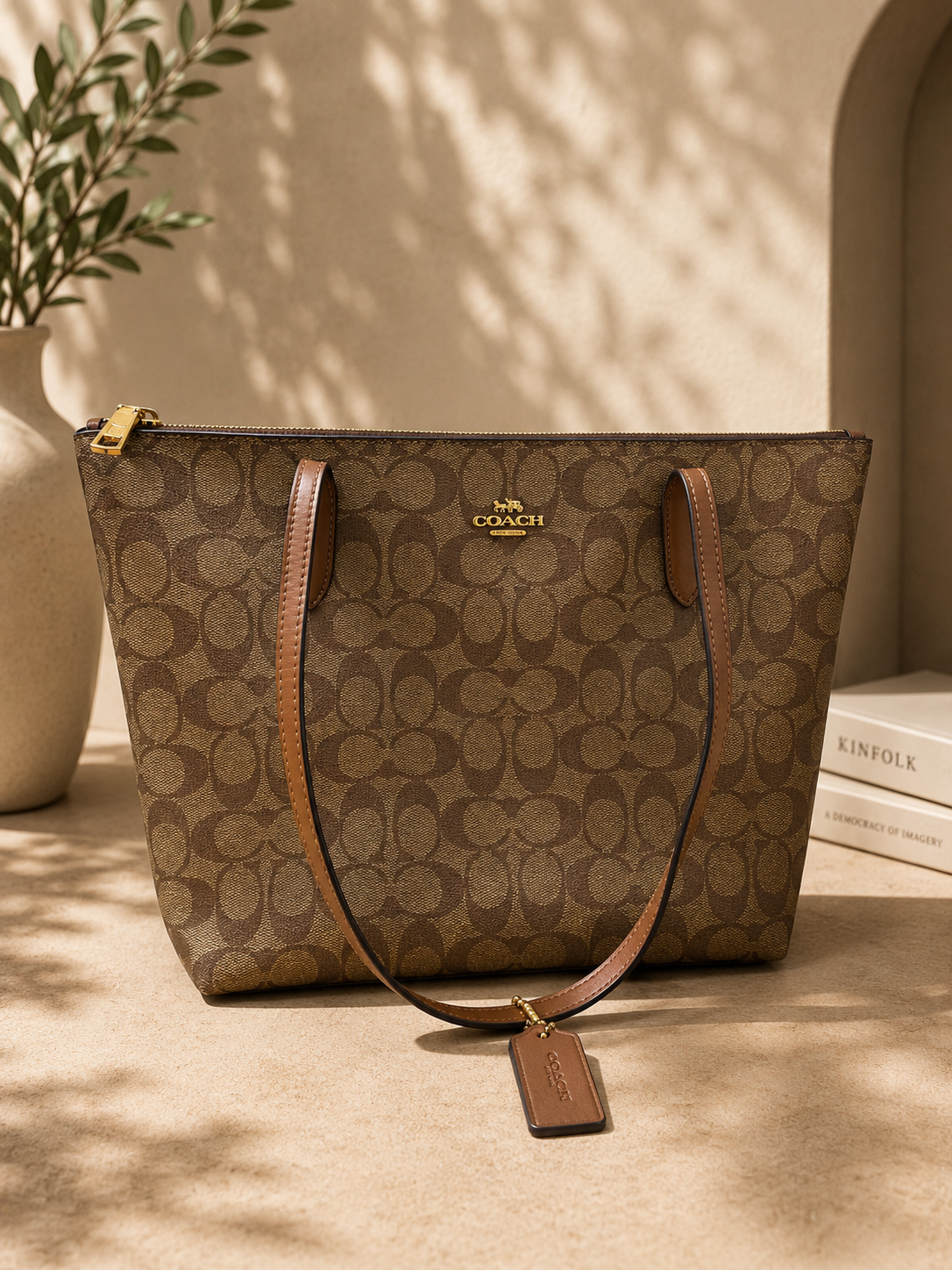 Coach Monogram Canvas Large Shoulder Tote Bag with Gold Hardware