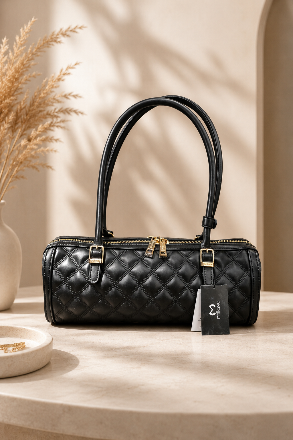 Milano Quilted Black Barrel Bag - Luxury Faux Leather Shoulder Handbag