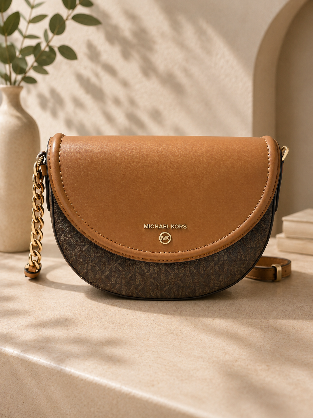 Michael Kors Signature Half-Moon Saddle Bag - Brown & Acorn