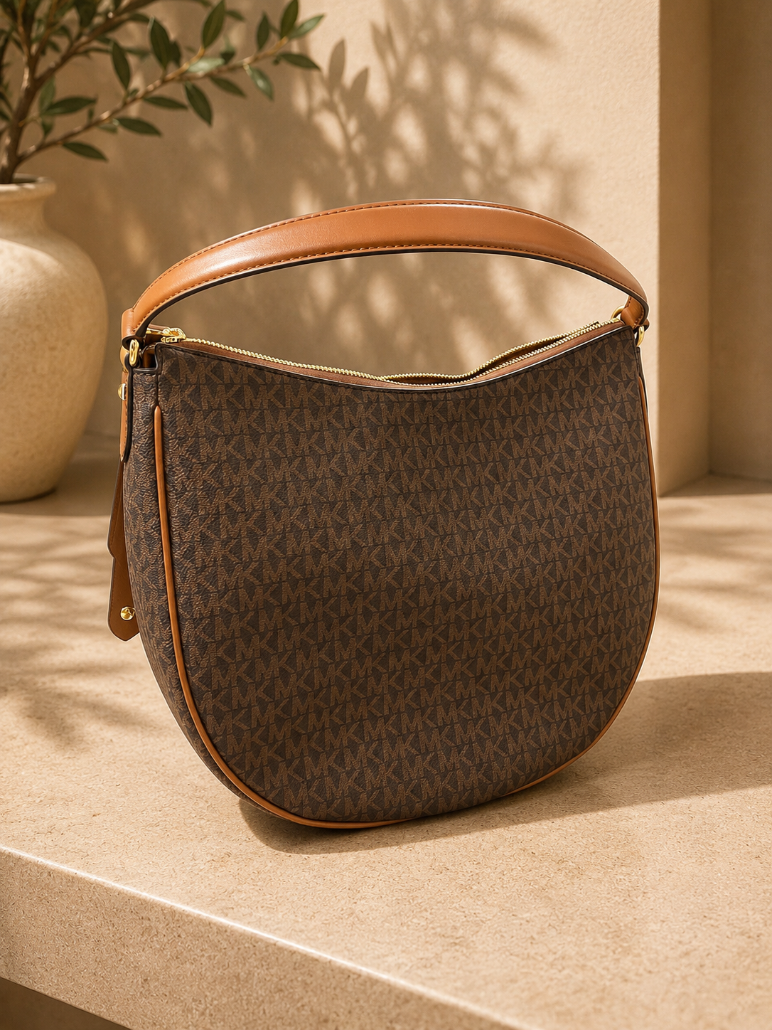 Michael Kors Two-Tone Monogram Logo Hobo Shoulder Bag – Brown & Acorn