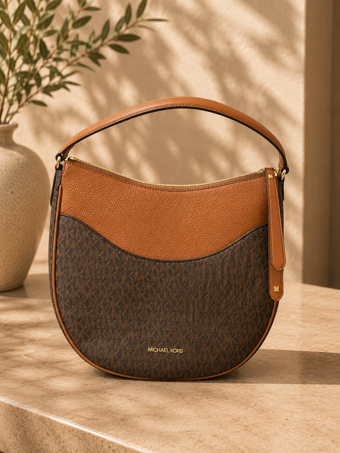 Michael Kors Two-Tone Monogram Logo Hobo Shoulder Bag – Brown & Acorn