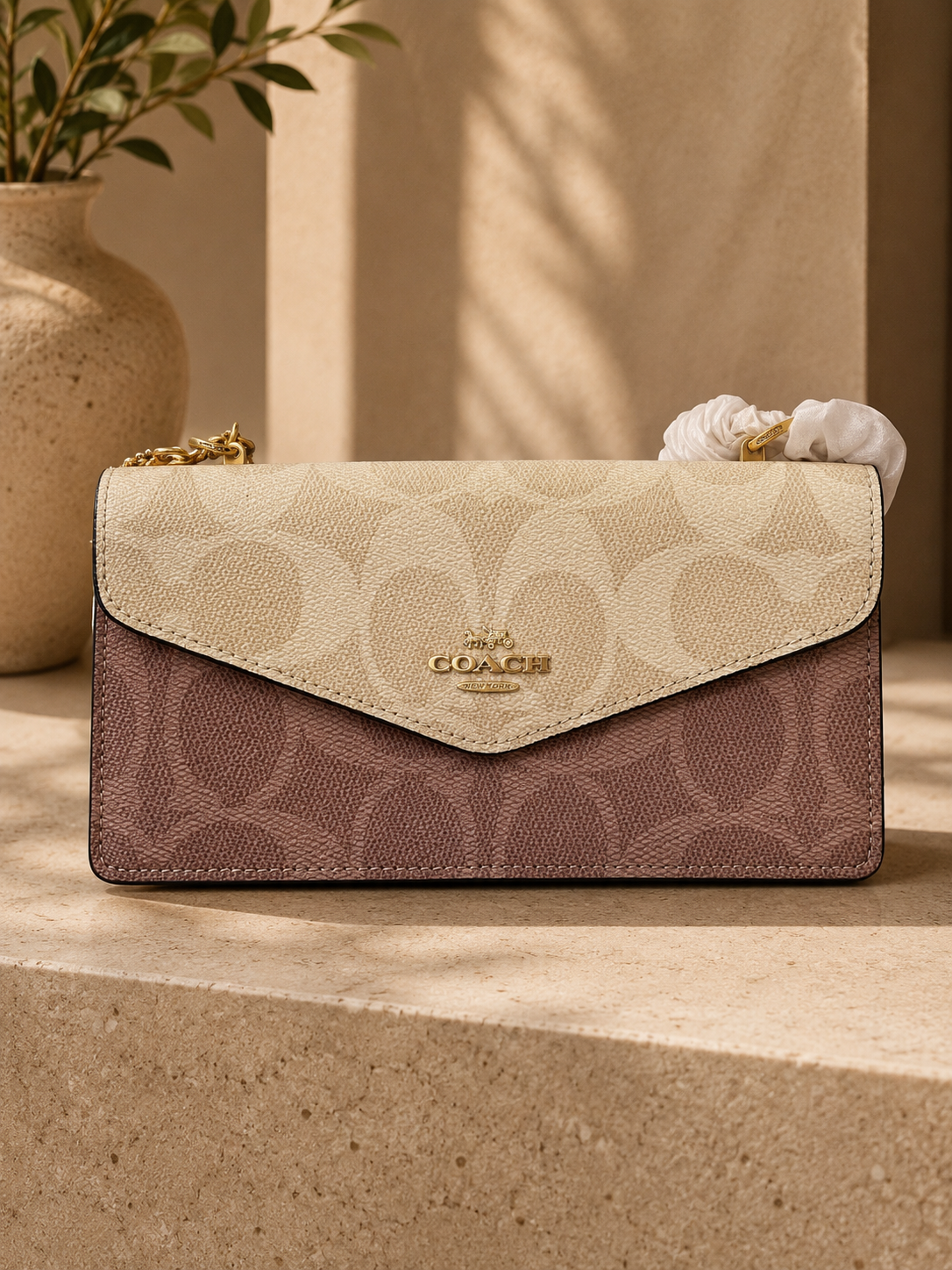 COACH Signature Canvas Colorblock Crossbody Bag – Beige & Dusty Rose