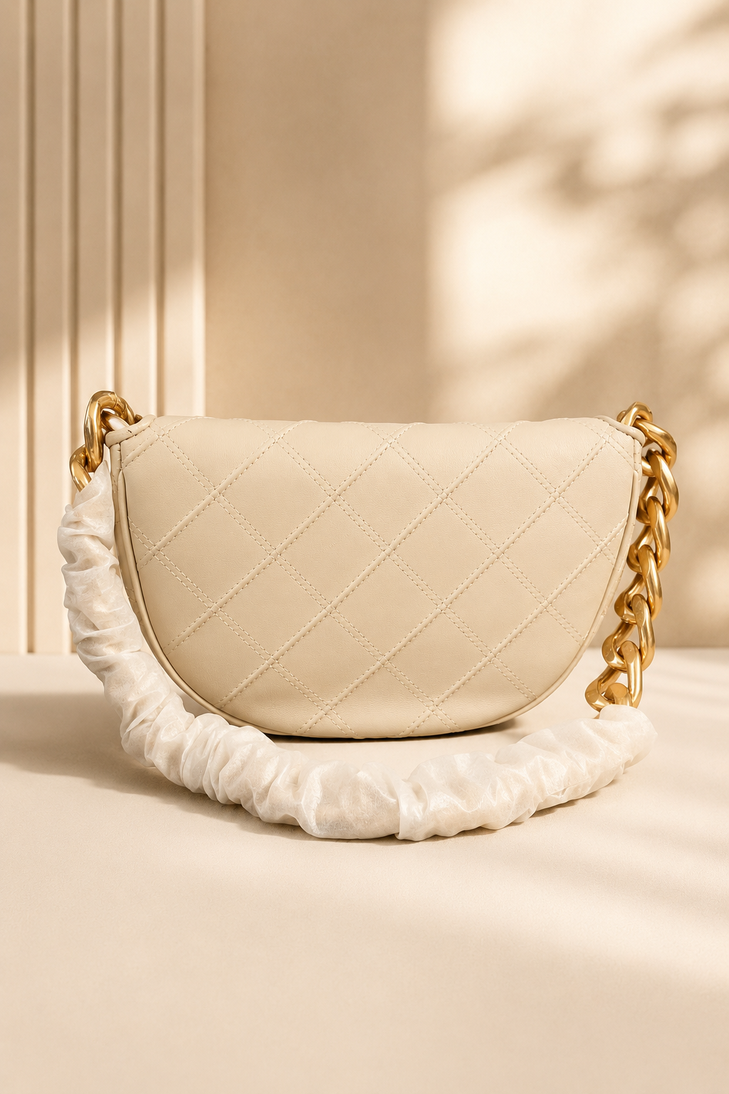 Tory Burch Quilted Leather Crescent Shoulder Bag – Luxury Cream Crossbody with Gold Chain Accent