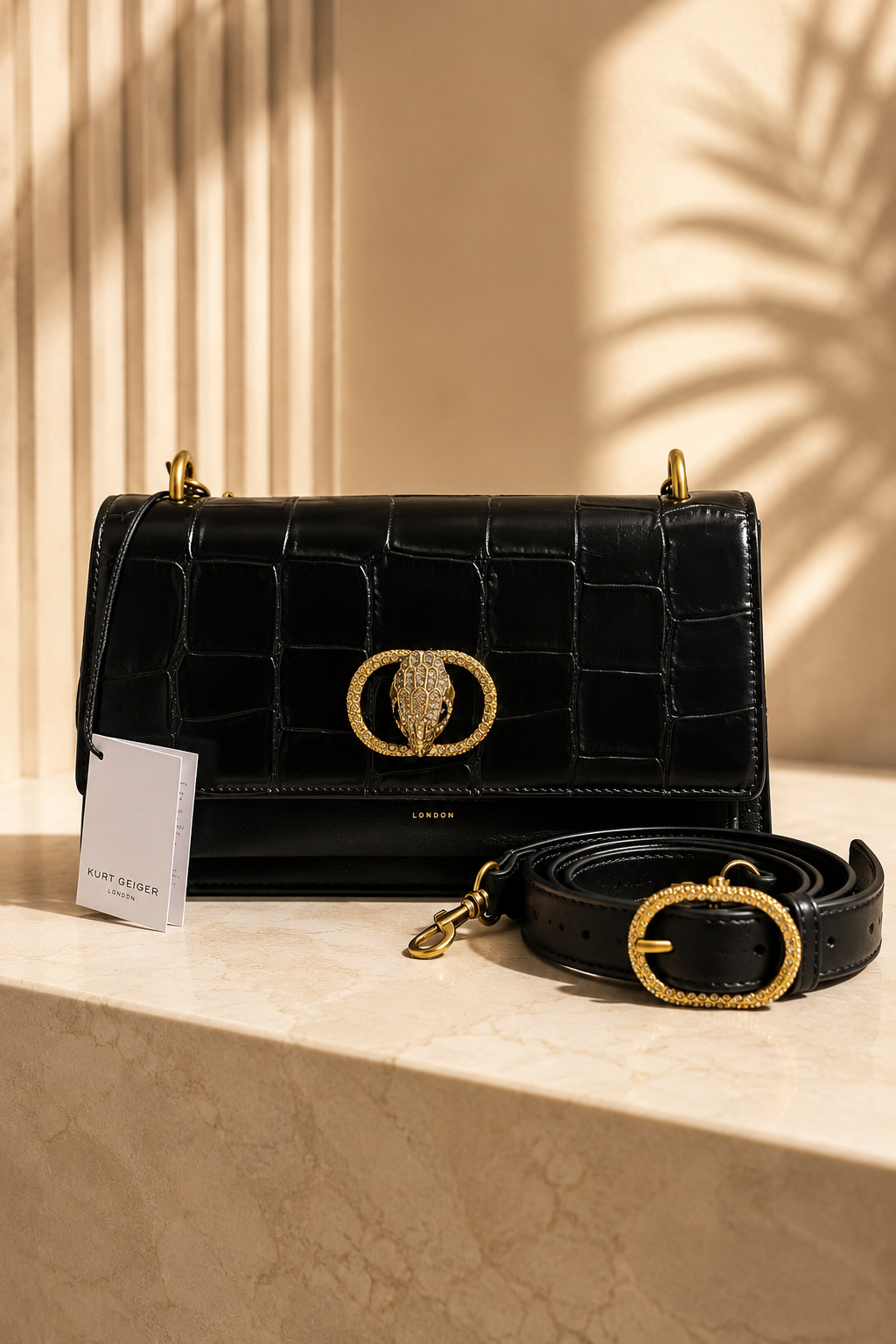 Kurt Geiger London Croc-Embossed Leather Shoulder Bag – Luxury Black Handbag with Crystal Eagle Emblem and Matching Belt Set