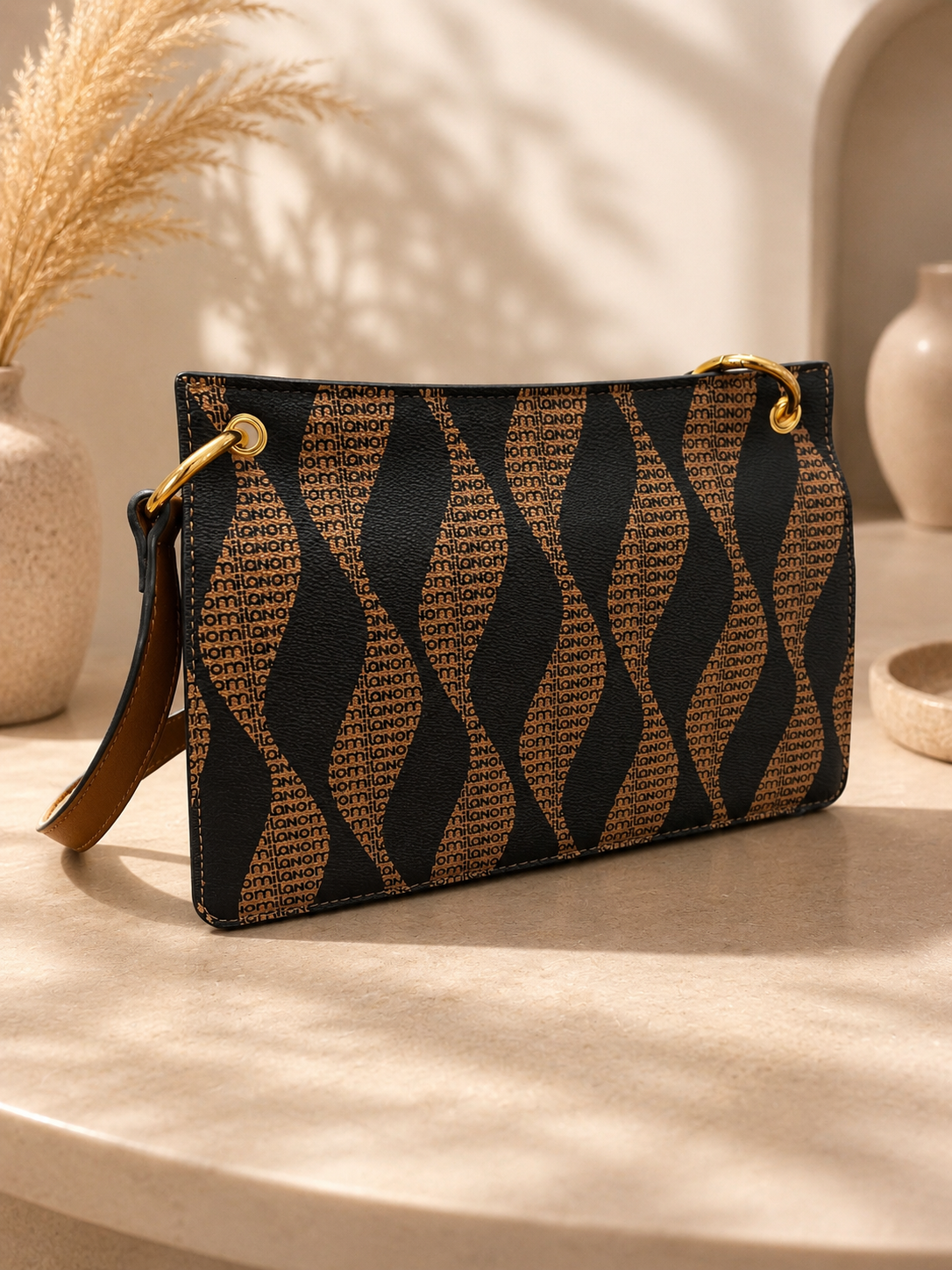 Milano Vintage Monogram Flap Bag in Cognac Brown & Jet Black