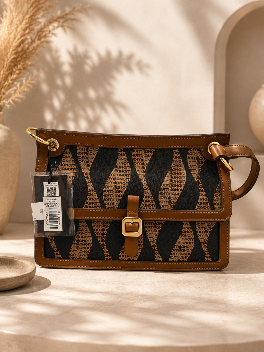 Milano Vintage Monogram Flap Bag in Cognac Brown & Jet Black