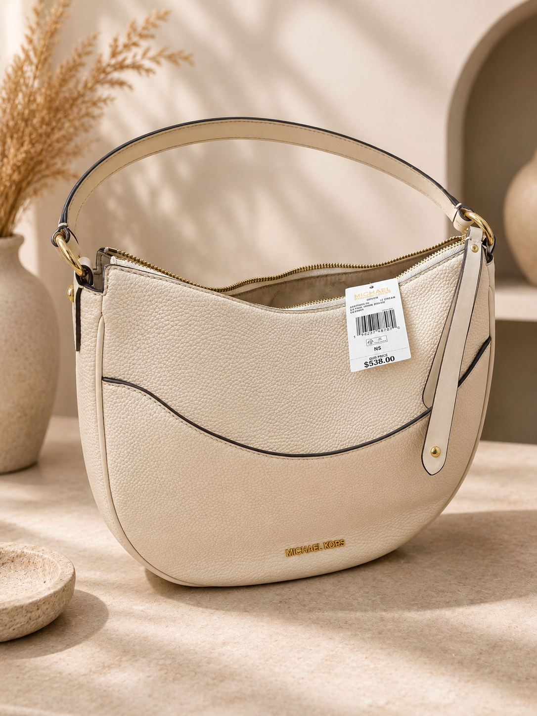 Michael Kors Cream Pebbled Leather Hobo Bag - Luxury Crescent Shoulder Handbag