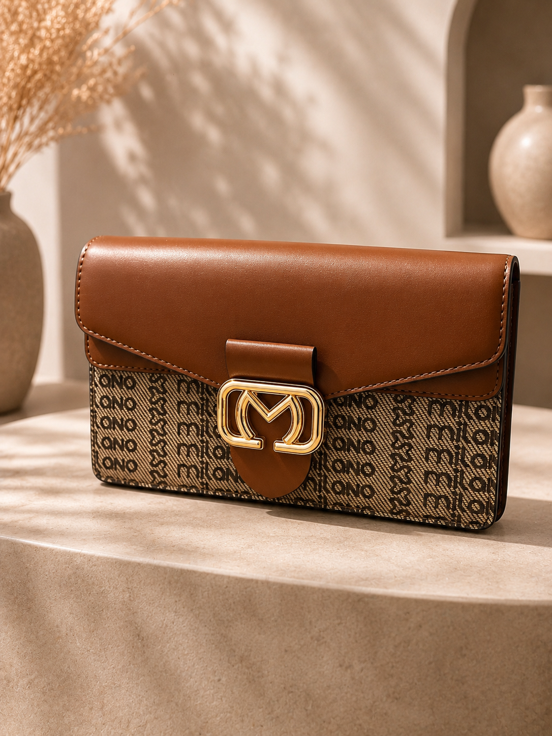 Milano Monogram Chain Flap Bag - Luxury Tan Leather & Canvas Shoulder Handbag