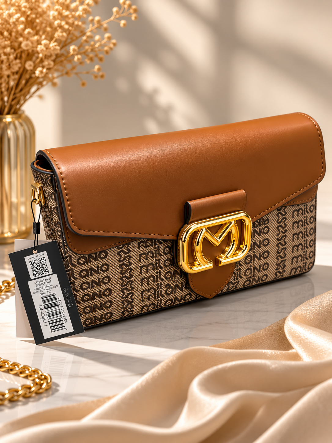 Milano Monogram Chain Flap Bag - Luxury Tan Leather & Canvas Shoulder Handbag
