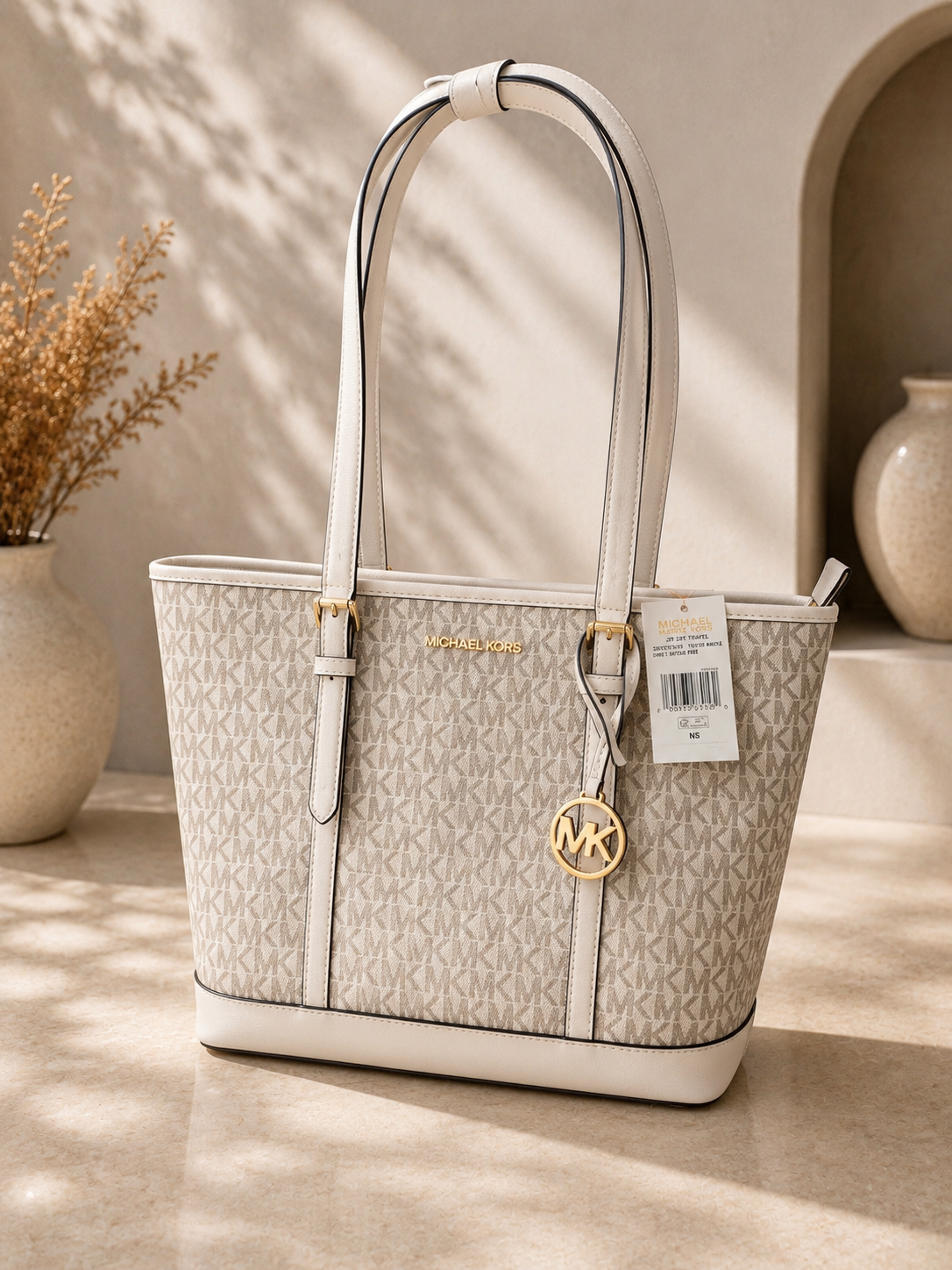Michael Kors Jet Set Travel Tote Bag - Signature Monogram Cream Shoulder Bag