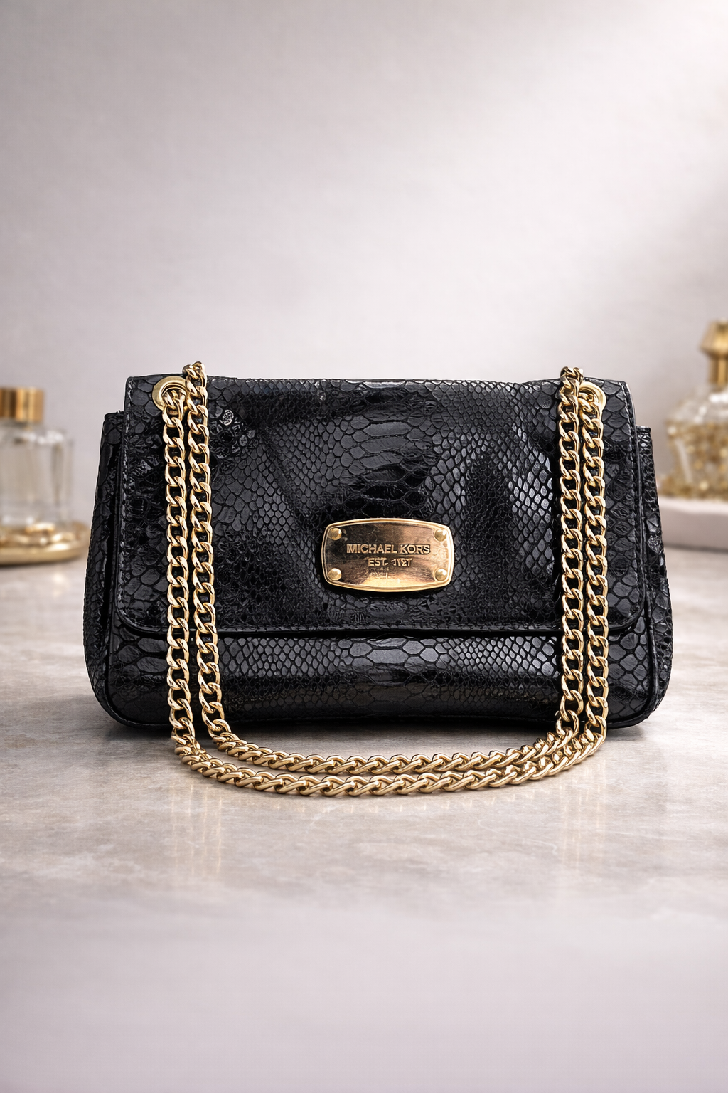 Michael Kors Snake-Embossed Chain Shoulder Bag (Black)