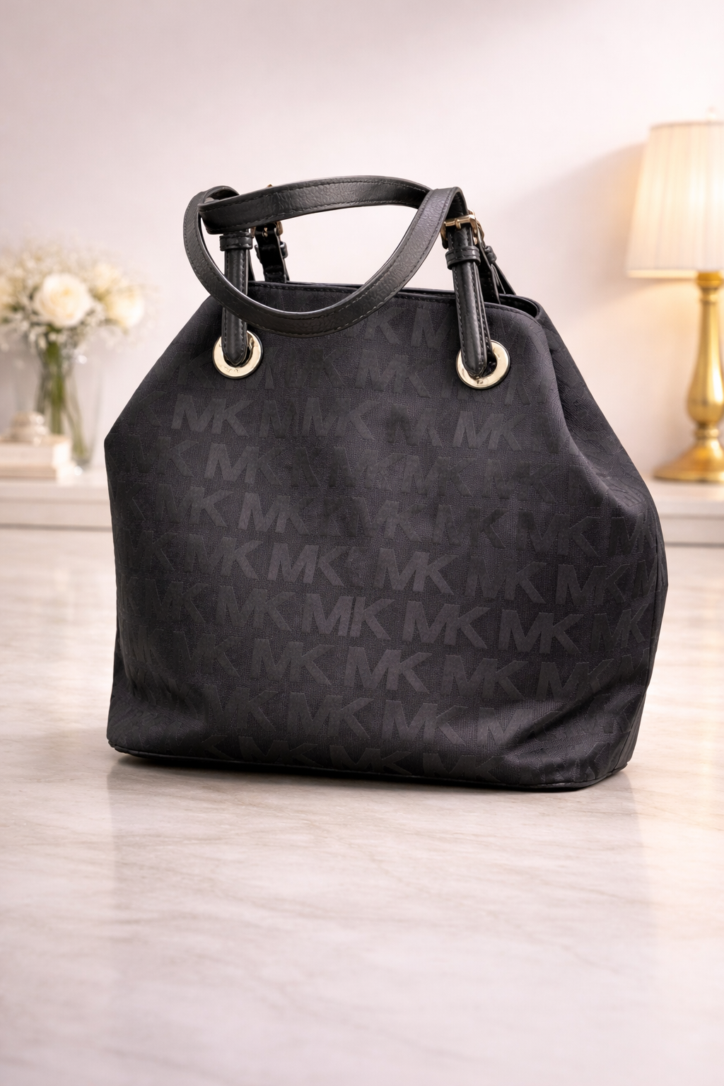 Michael Kors Monogram Drawstring Shoulder Bag – Black