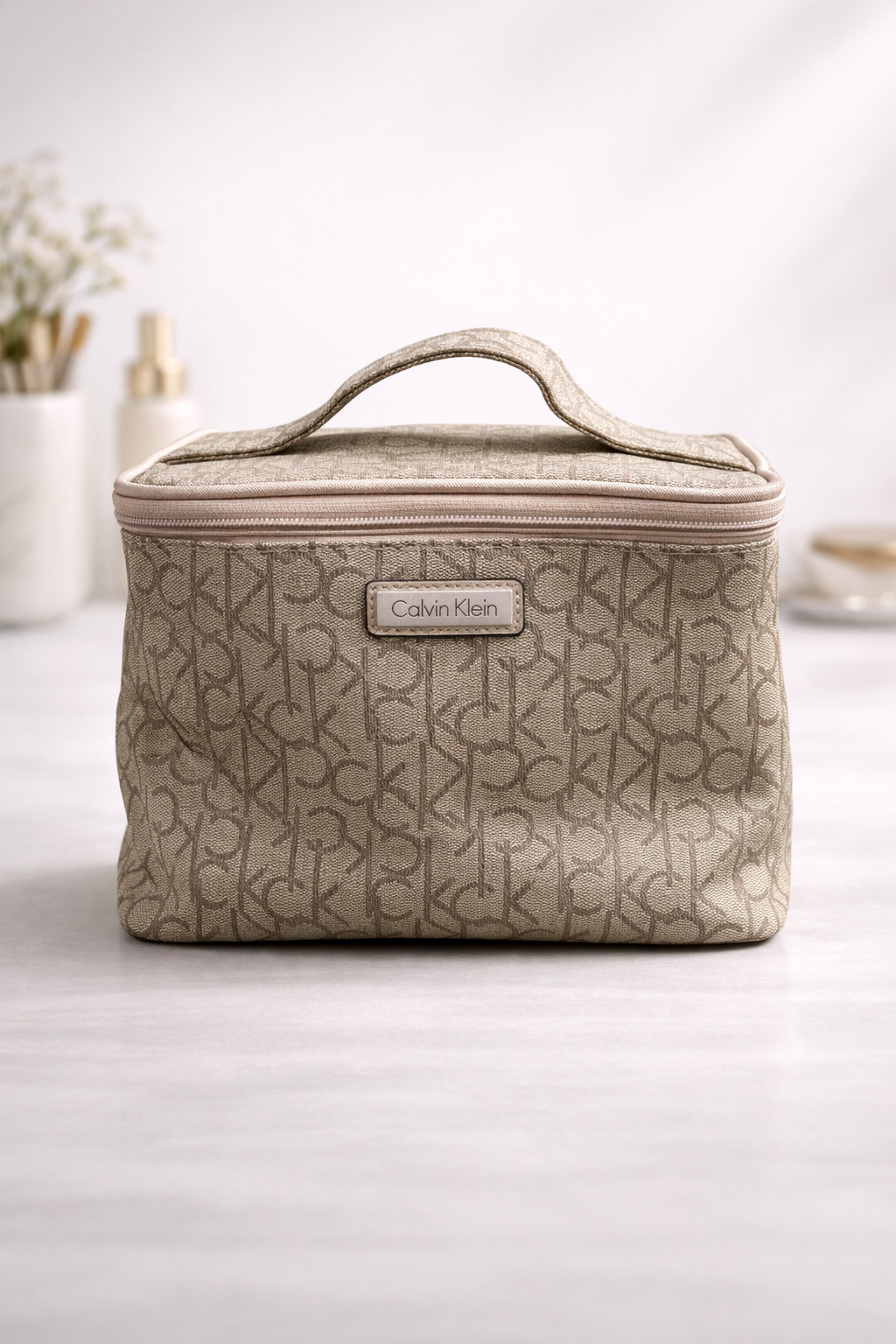 Calvin Klein Signature Monogram Cosmetic Travel Pouch – Beige
