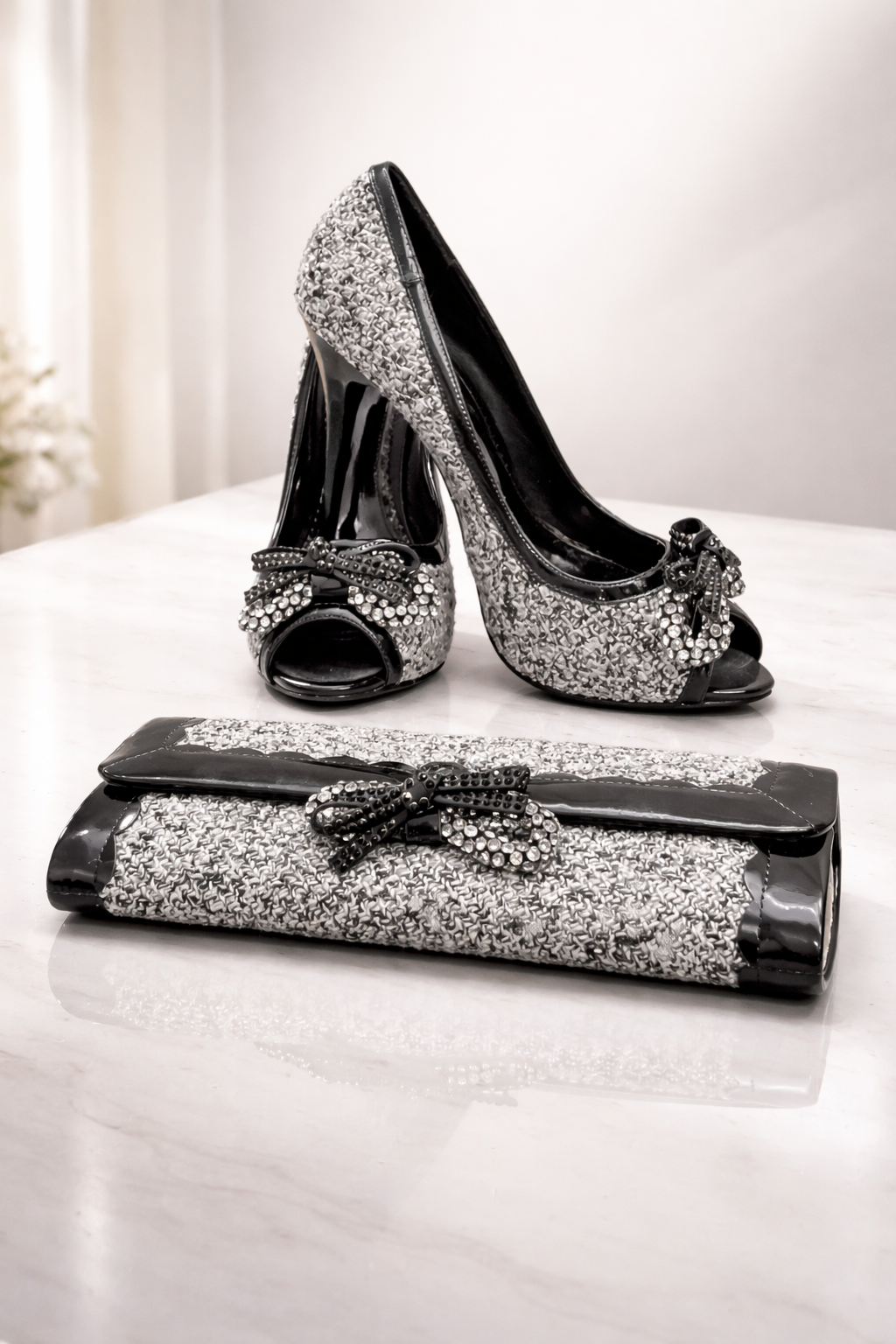Women’s Glitter Peep-Toe High Heels with Matching Clutch – Party & Evening Set