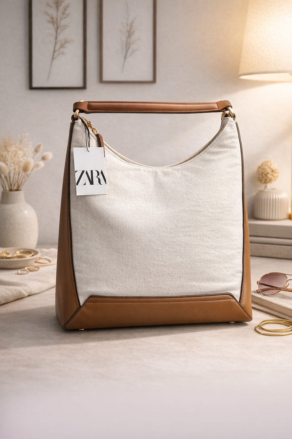 ZARA Canvas & Faux Leather Shoulder Bag – Ivory Brown