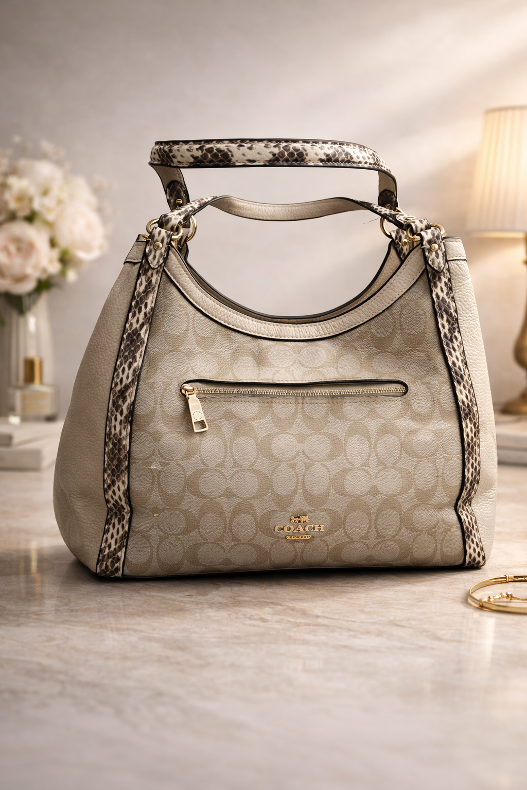 Coach Signature Monogram Shoulder Bag with Snake-Effect Trim – Beige