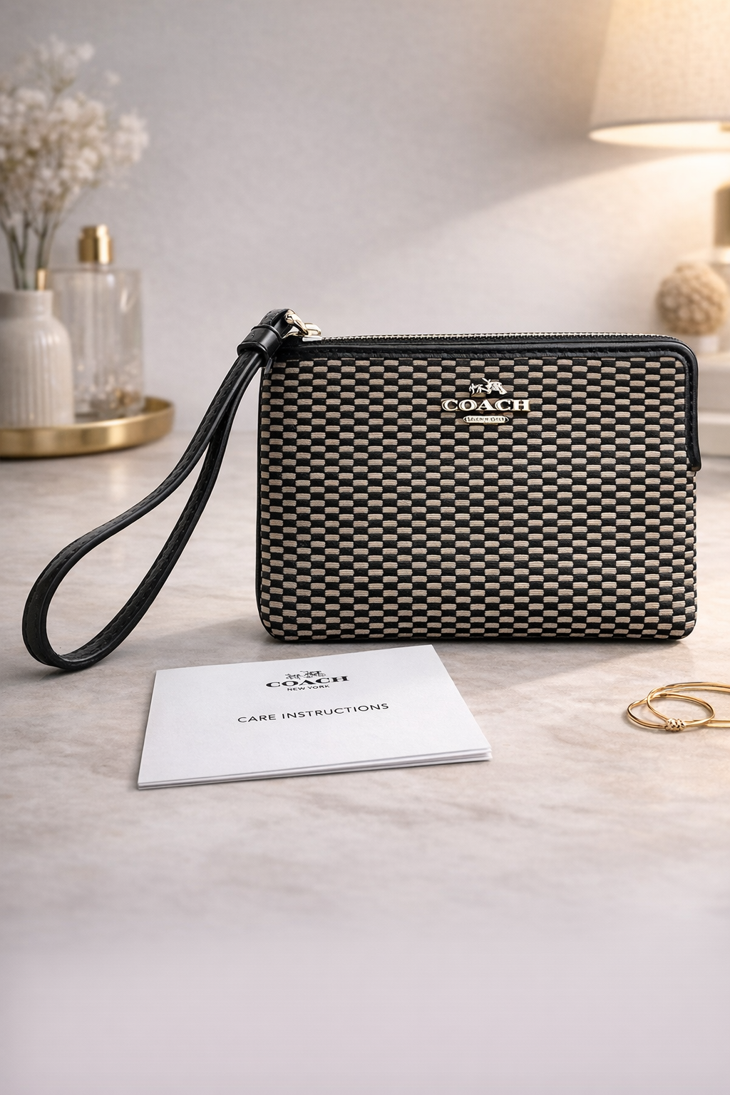Coach Woven Zip Wristlet Pouch – Black & Beige