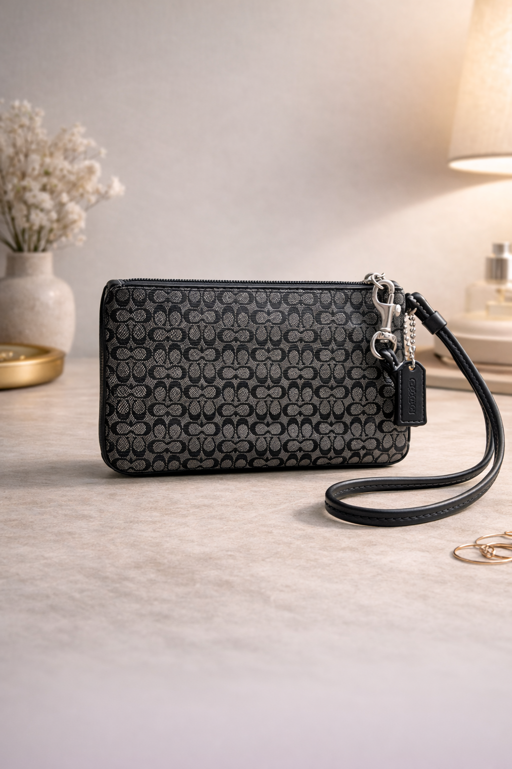 Coach Signature Monogram Flap Wristlet – Black & Grey