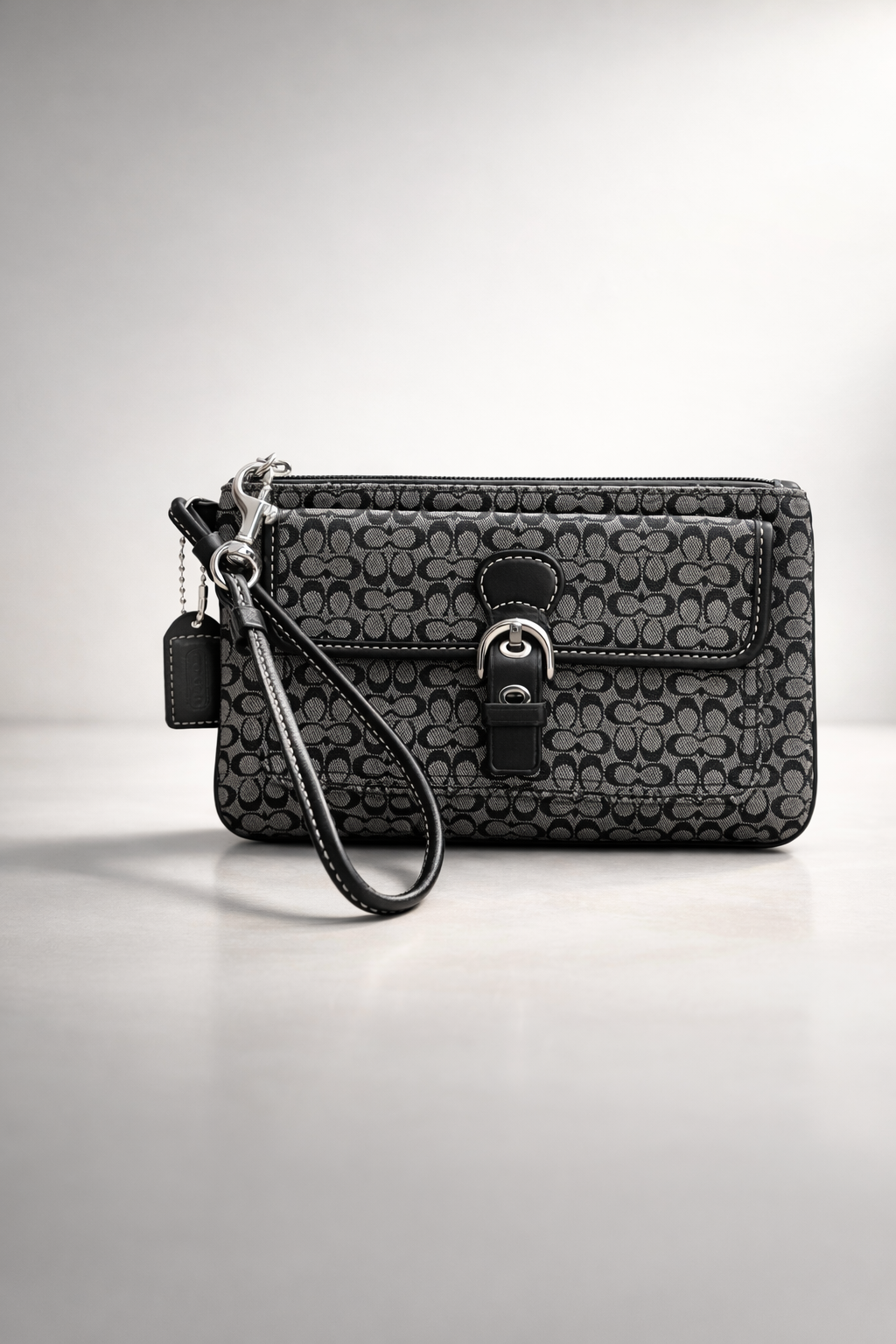 Coach Signature Monogram Flap Wristlet – Black & Grey