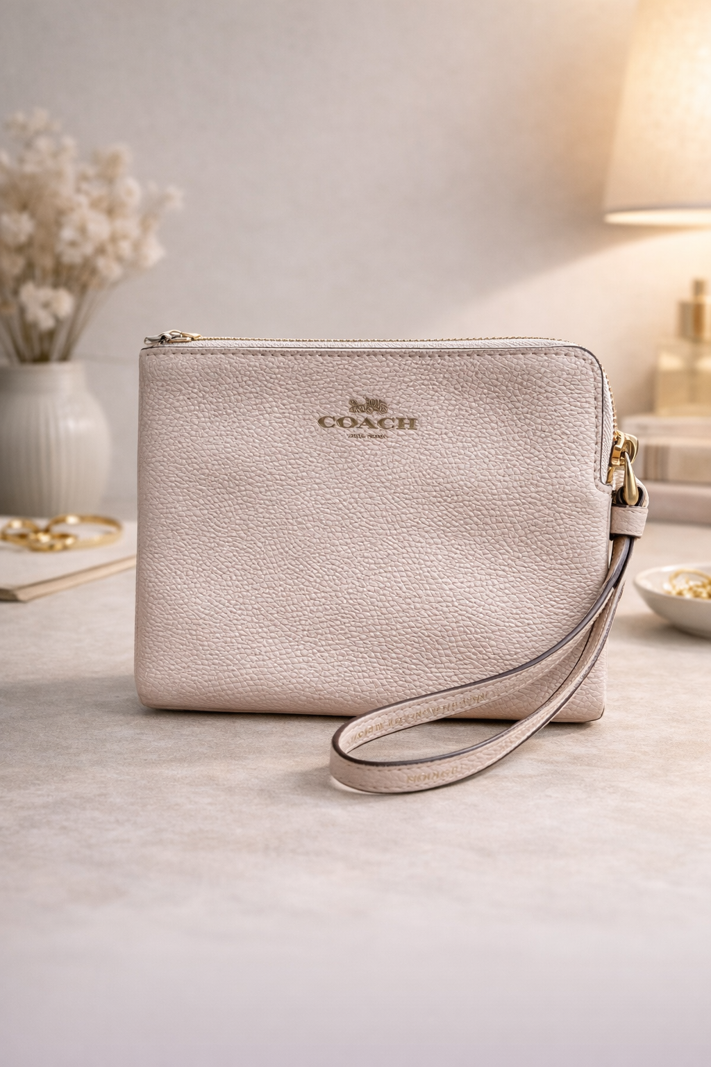 Beige Pebbled Wristlet Pouch for Women – Zip Wallet with Detachable Strap