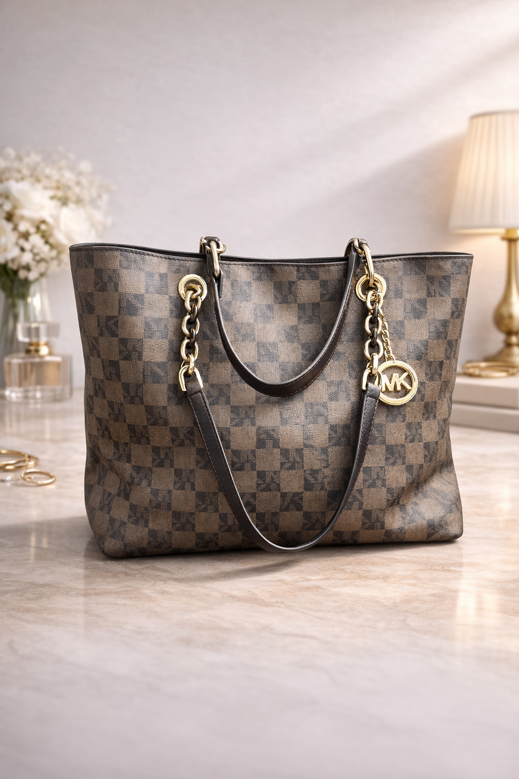 Brown Checkered Tote Bag for Women – Large Chain Handle Shoulder Handbag
