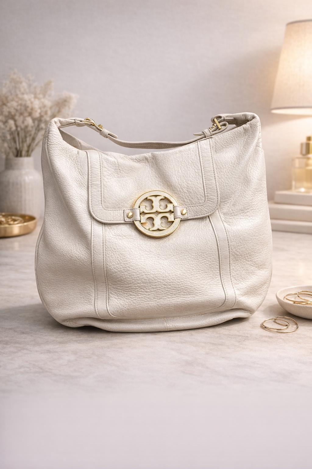 Cream Soft Leather Hobo Bag for Women – Gold Accent Shoulder Handbag