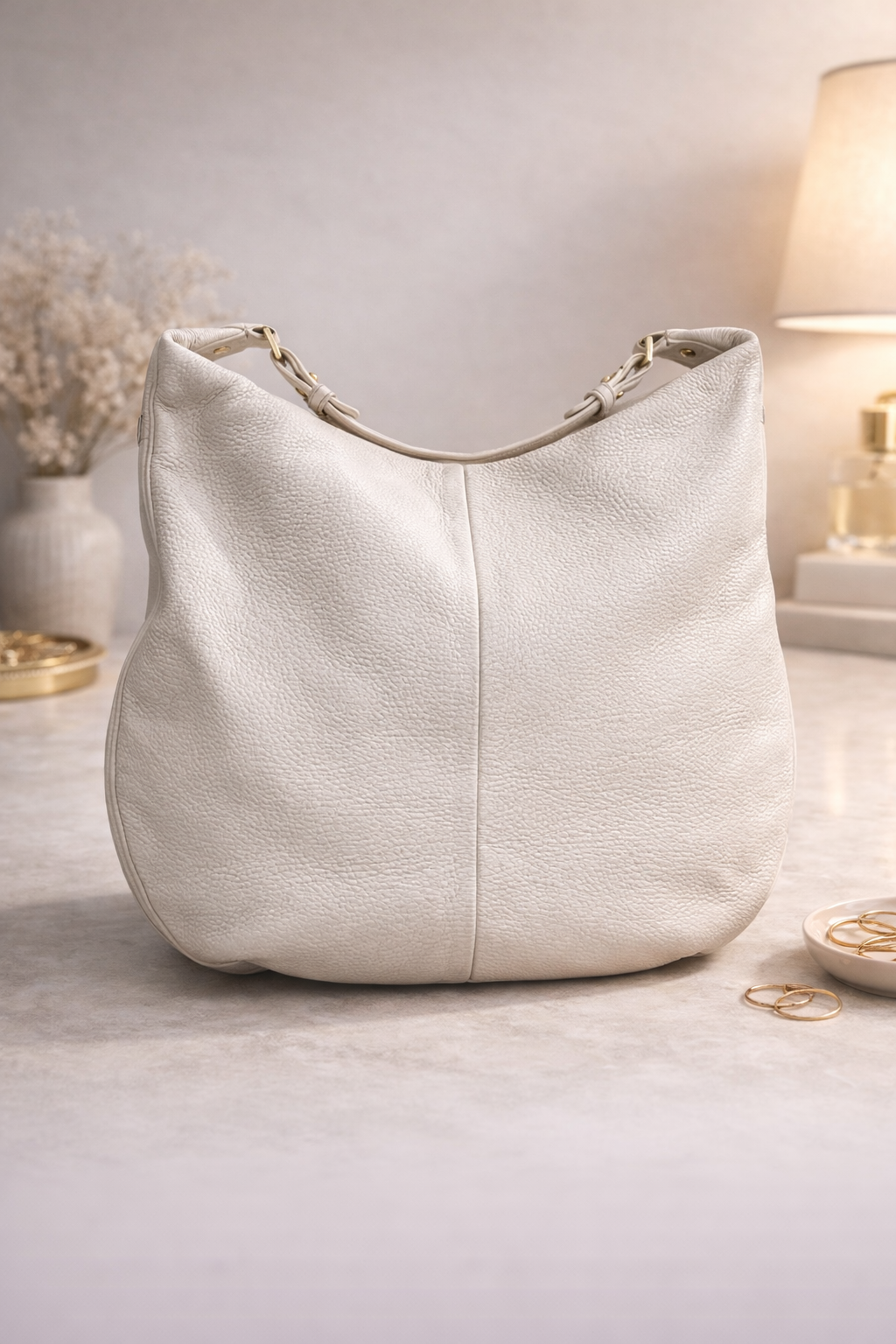 Cream Soft Leather Hobo Bag for Women – Gold Accent Shoulder Handbag