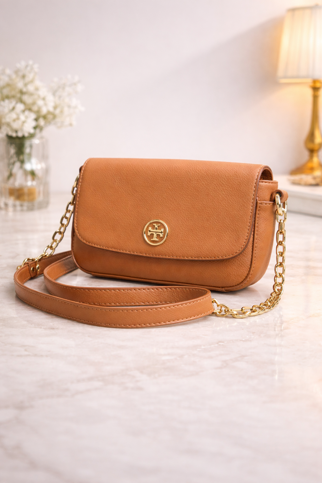 Tan Leather Chain Crossbody Bag for Women – Elegant Everyday Shoulder Bag