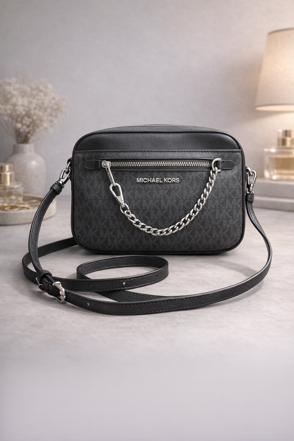 Black Monogram Camera Crossbody Bag for Women – Chain Detail Shoulder Bag