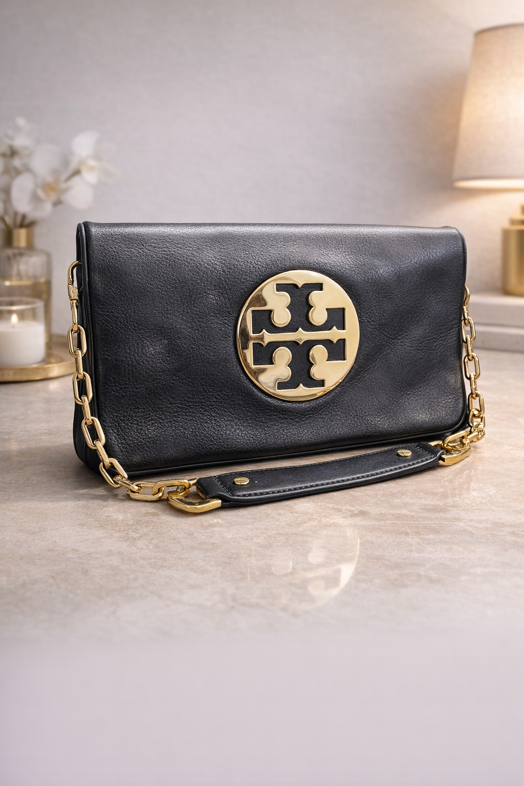 Luxury Black Chain Clutch for Women – Gold Logo Evening Crossbody Bag