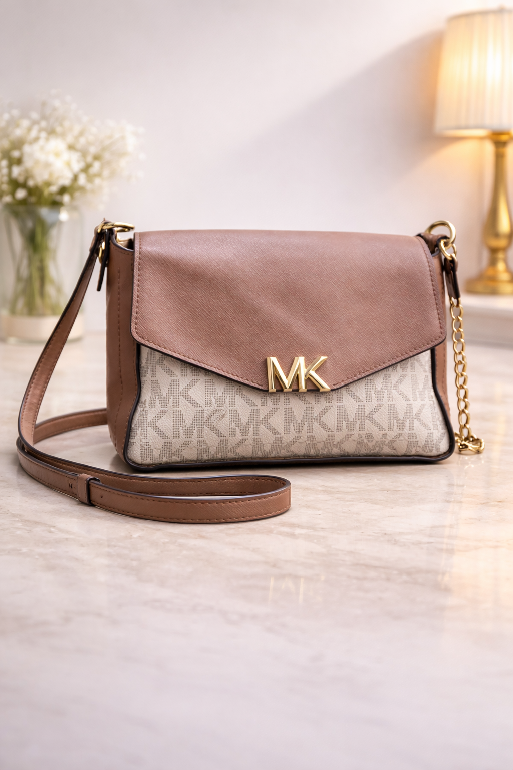 Elegant Monogram Crossbody Bag for Women – Brown & Beige Chain Strap Handbag