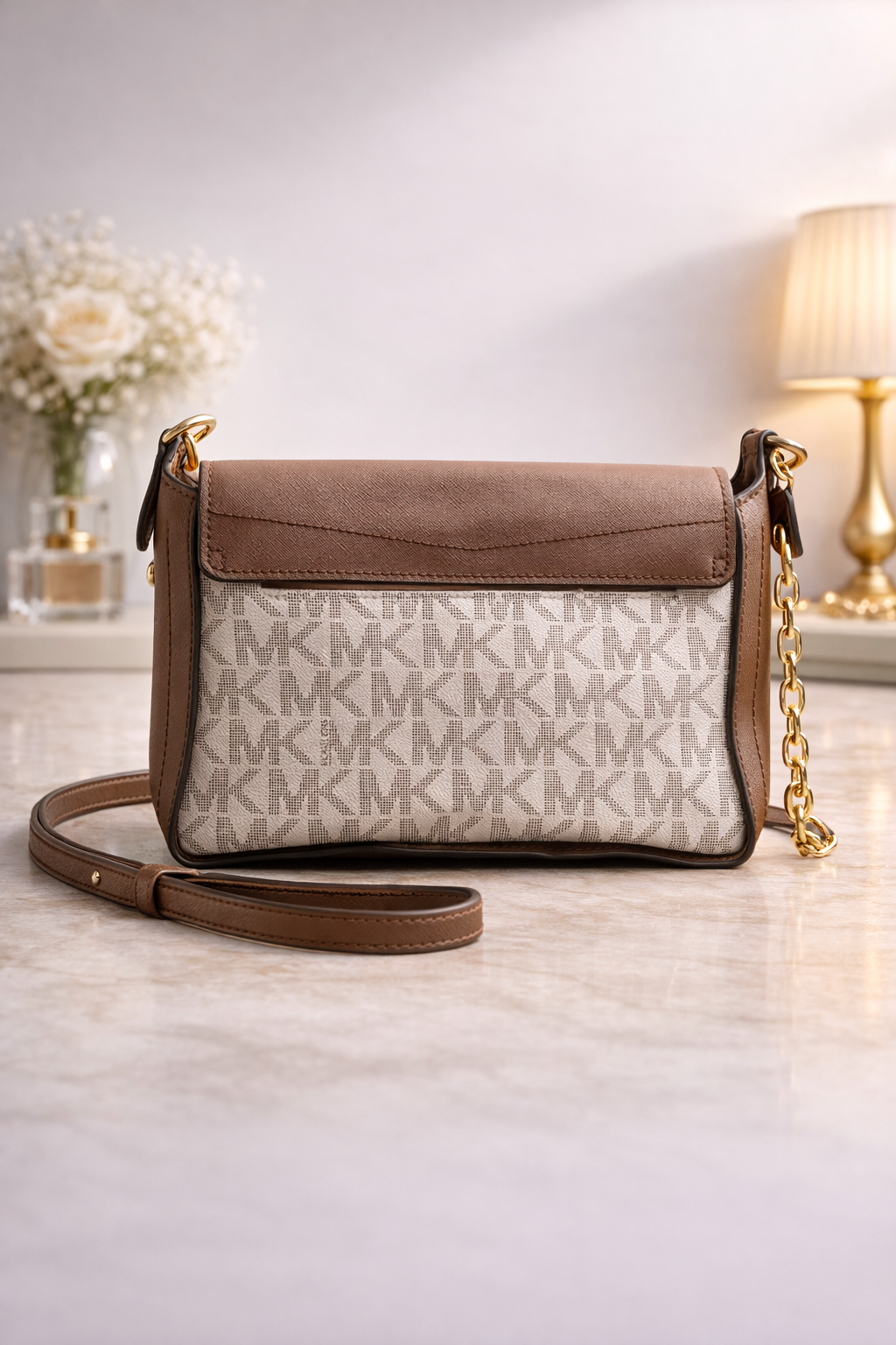 Elegant Monogram Crossbody Bag for Women – Brown & Beige Chain Strap Handbag