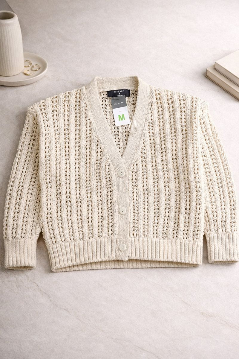 Women’s Cream Open-Knit Button-Down Cardigan – Soft Ribbed Hem Winter Layer