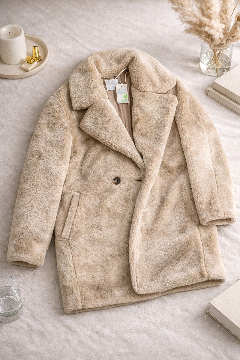Beige Faux Fur Winter Coat – Women’s Warm Plush Button-Front Jacket