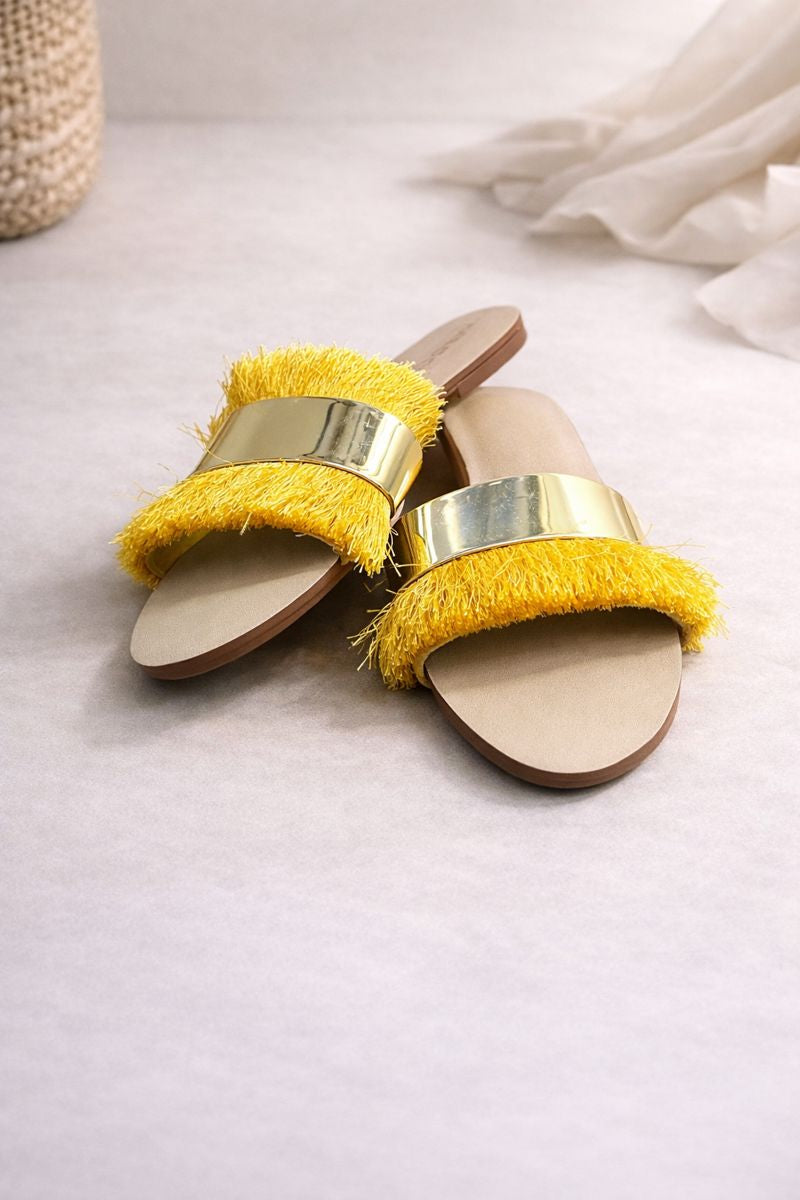 Yellow Fringe Slide Sandals with Gold Strap – Women’s Flat Summer Slippers