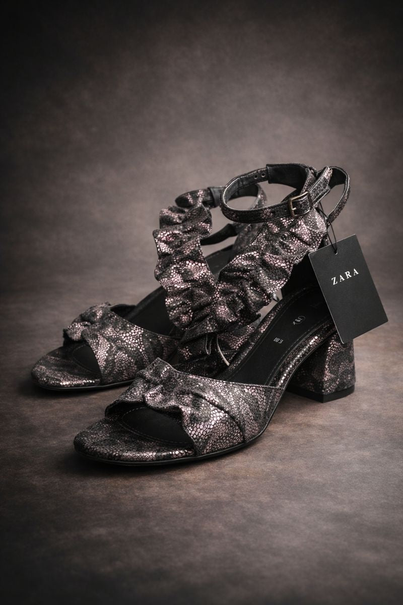 ZARA Metallic Ruffle Strap Block Heel Sandals – Women’s Ankle Strap Party Heels