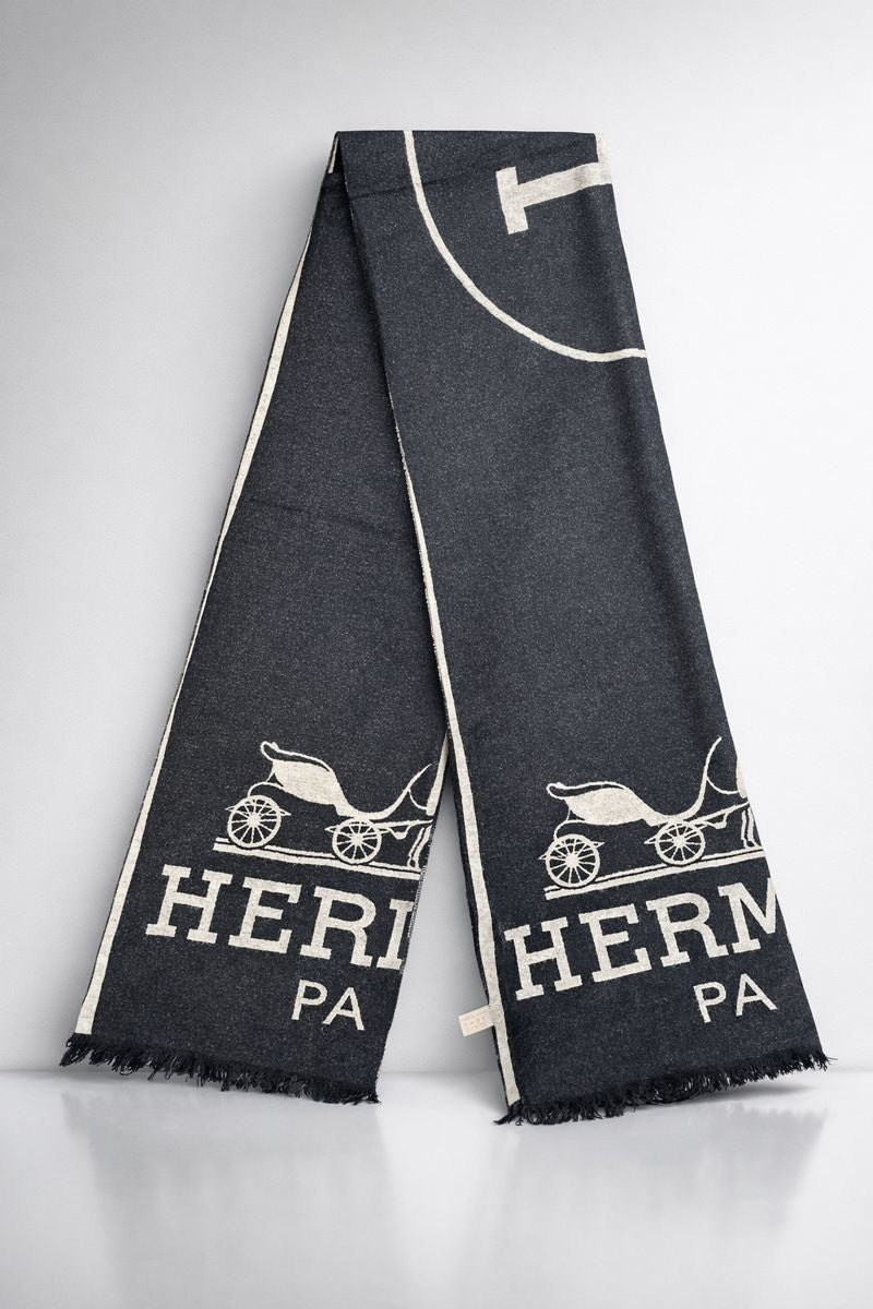 Hermès Navy Carriage Print Wool Scarf – Luxury Unisex Winter Wrap