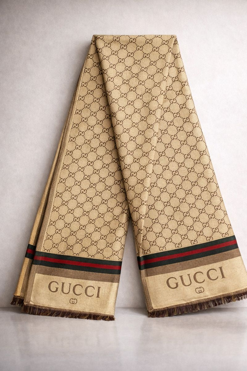 Gucci Beige GG Monogram Wool Scarf with Web Stripe – Unisex Designer Winter Wrap