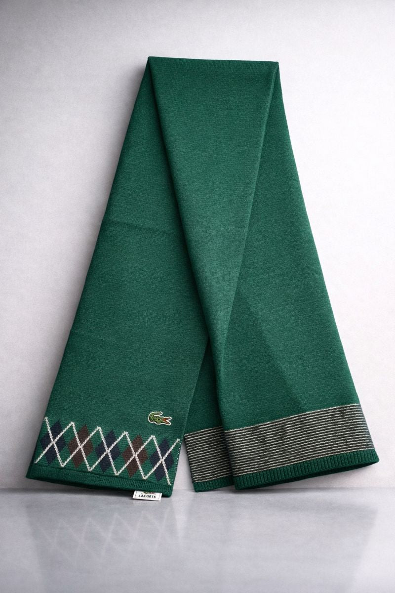 Lacoste Green Knit Wool Scarf with Argyle Detail – Unisex Winter Scarf