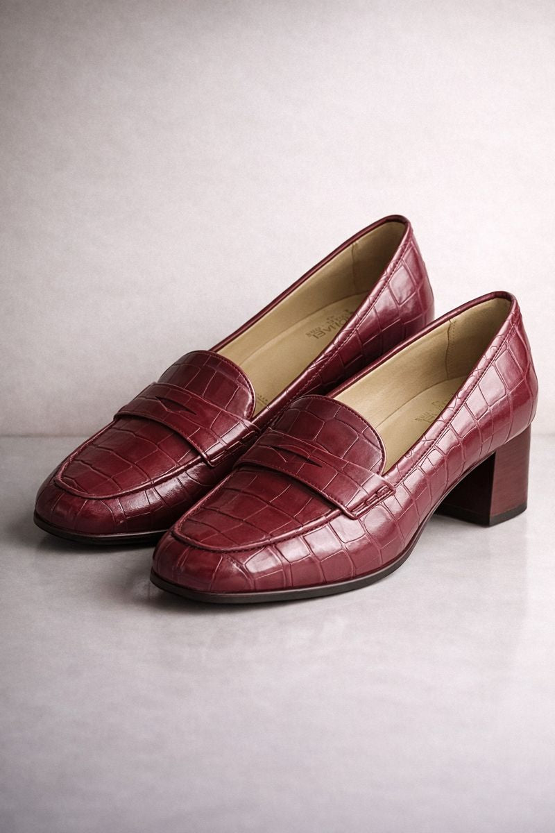 Burgundy Croc-Embossed Block Heel Loafers – Women’s Classic Mid-Heel Office Shoes