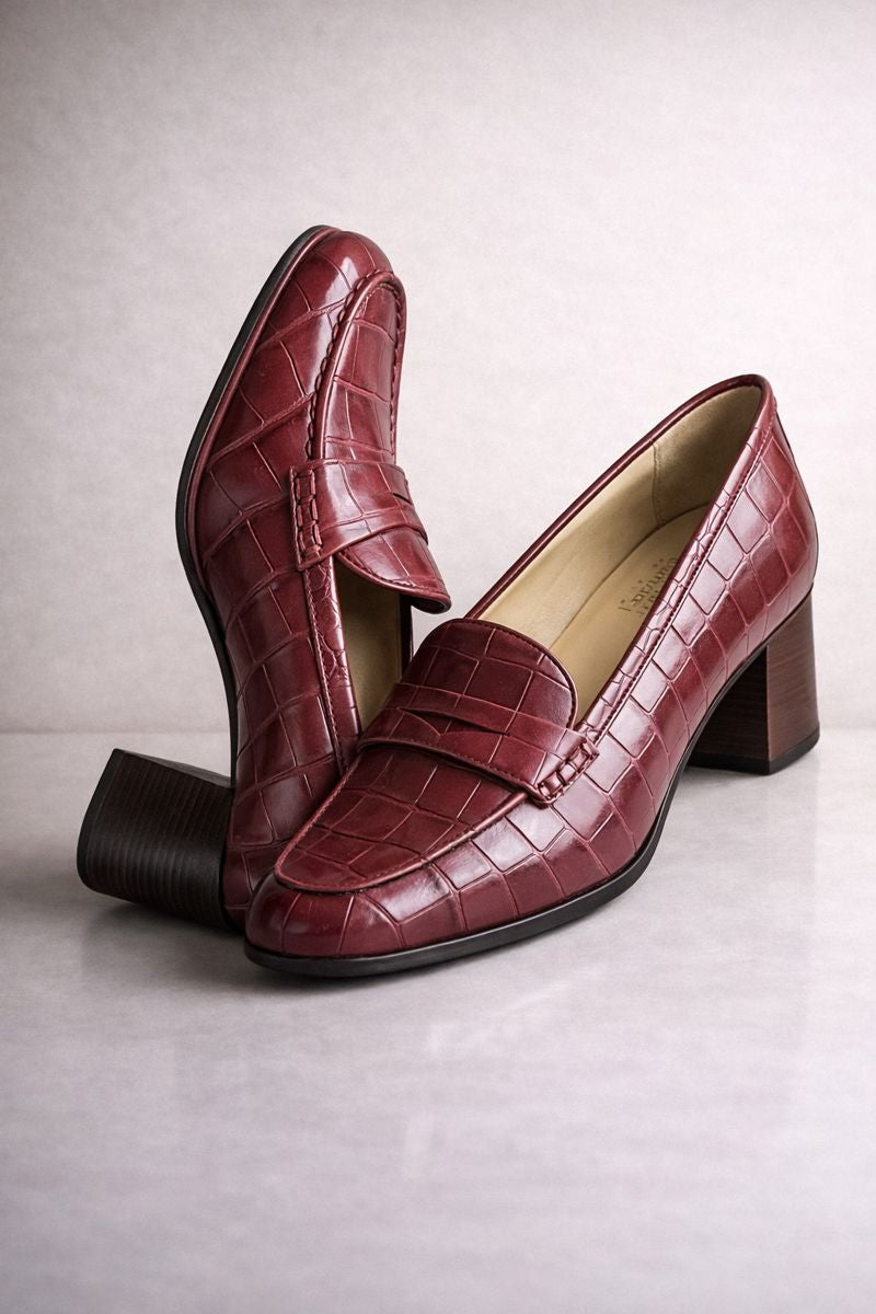 Burgundy Croc-Embossed Block Heel Loafers – Women’s Classic Mid-Heel Office Shoes