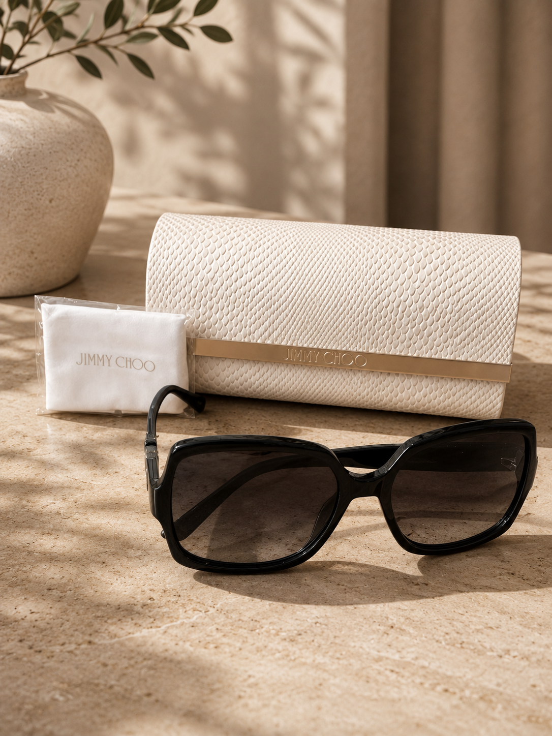 Jimmy Choo Black Oversized Sunglasses with Signature Textured Clam Shell Case