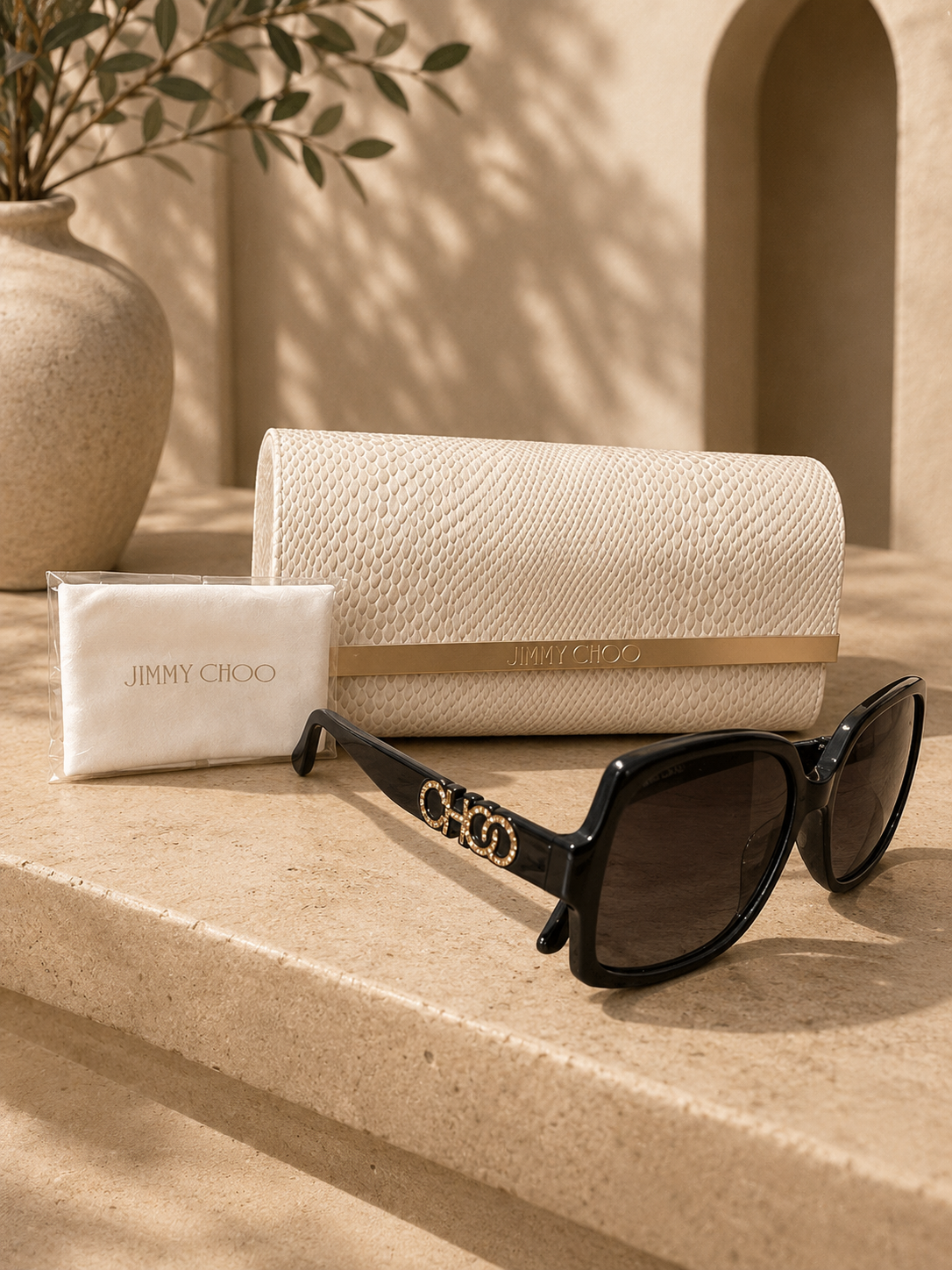 Jimmy Choo Black Oversized Sunglasses with Signature Textured Clam Shell Case