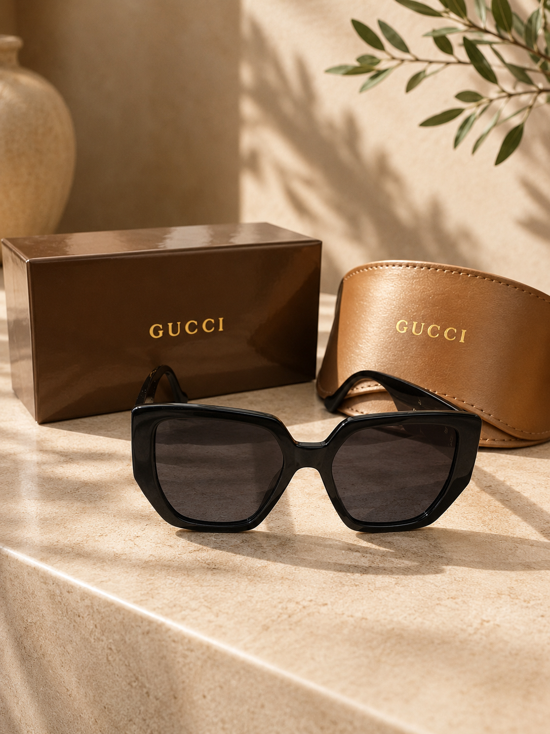 Gucci Oversized Square Sunglasses - Black with Gold Double G Logo