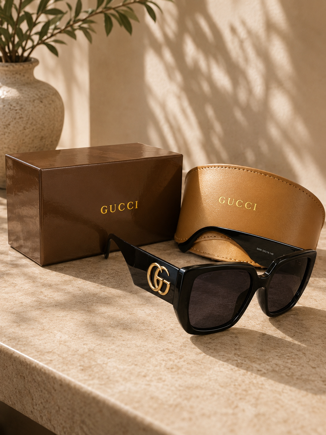 Gucci Oversized Square Sunglasses - Black with Gold Double G Logo